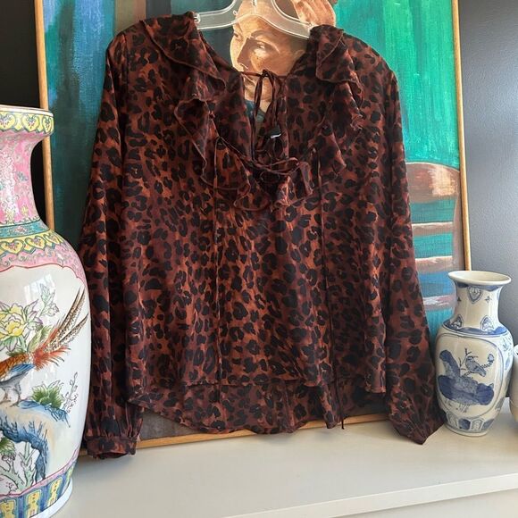 Amisu Brown and Black Sheer Ruffled Tie Front Blouse XS - Picture 10 of 15